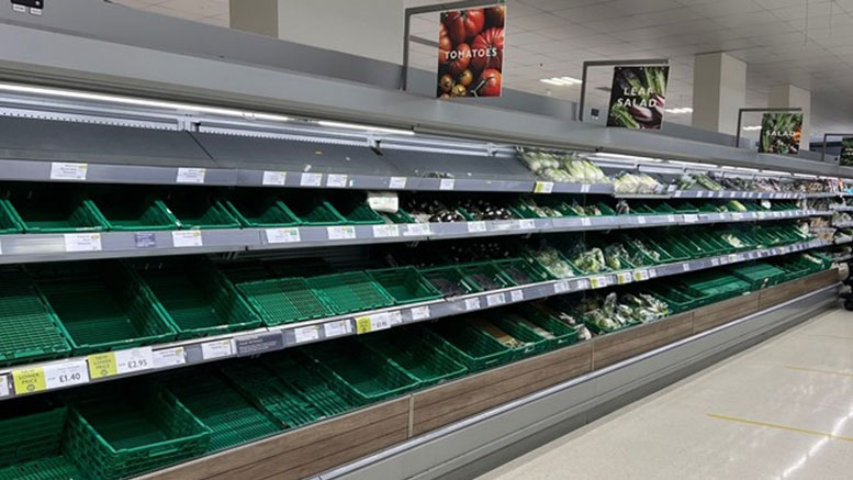 EMPTY FOOD SHELVES in the UK in February and March have further aggravated the situation for an already severely tested population. Here is the vegetable section in one of the supermarket chain Waitrose's stores. There is also a shortage of many other food items, including eggs. Still image: Sky News