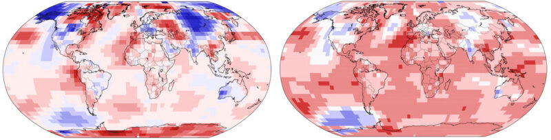 One map for the public, another man for the scientists. Both these global temperature maps covers the same period, April 2023. Both were created by the US state science organization NOAA and published in May, but for different audiences. The deceipt is clear. Images: NOAA